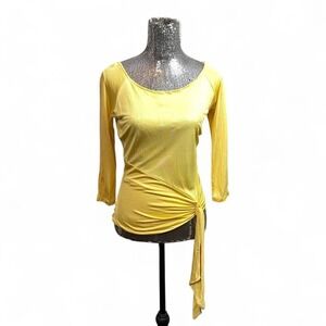 Vintage Y2K Silk Asymmetrical Ruched Drape Tie-Front 3/4 Sleeve Top Medium